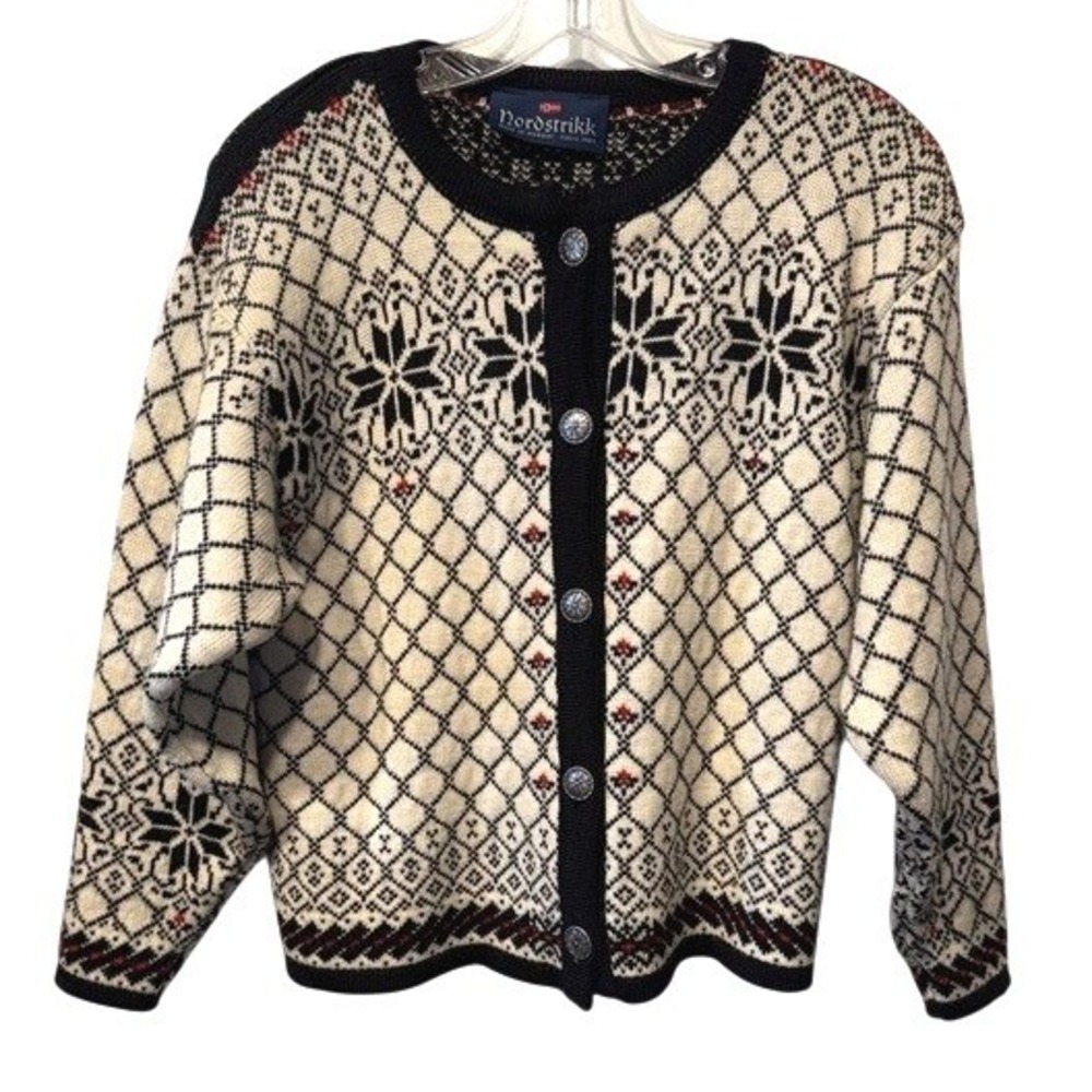 Nordstrikk Cardigan Sweater Women's Cream Black Fair Isle Nordic Wool Cabin SM